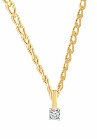 Złoty łańcuszek z plecionym wzorem, z małym srebrnym wisiorkiem z przezroczystym diamentem w centrum.