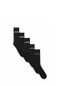 Conjunto de calcetines de rayas negros con logotipos en diferentes colores: dorado, plateado, marino y negro. Cada calcetín presenta un diseño de longitud media y punta sin costuras.