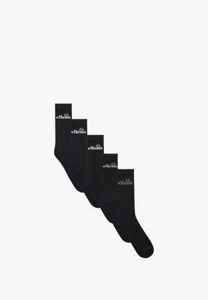 Czarna zestaw skarpetek prążkowanych z różnymi kolorami logo: złotym, srebrnym, granatowym i czarnym. Każda skarpetka ma długość do kostek i bezszwowy palec.