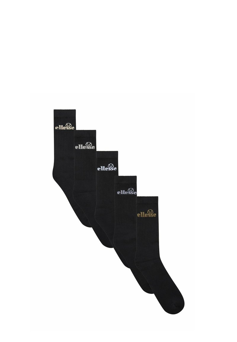 Conjunto de calcetines de rayas negros con logotipos en diferentes colores: dorado, plateado, marino y negro. Cada calcetín presenta un diseño de longitud media y punta sin costuras.