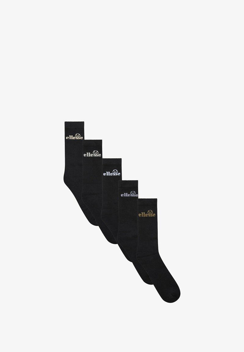 Conjunto de calcetines de rayas negros con logotipos en diferentes colores: dorado, plateado, marino y negro. Cada calcetín presenta un diseño de longitud media y punta sin costuras.