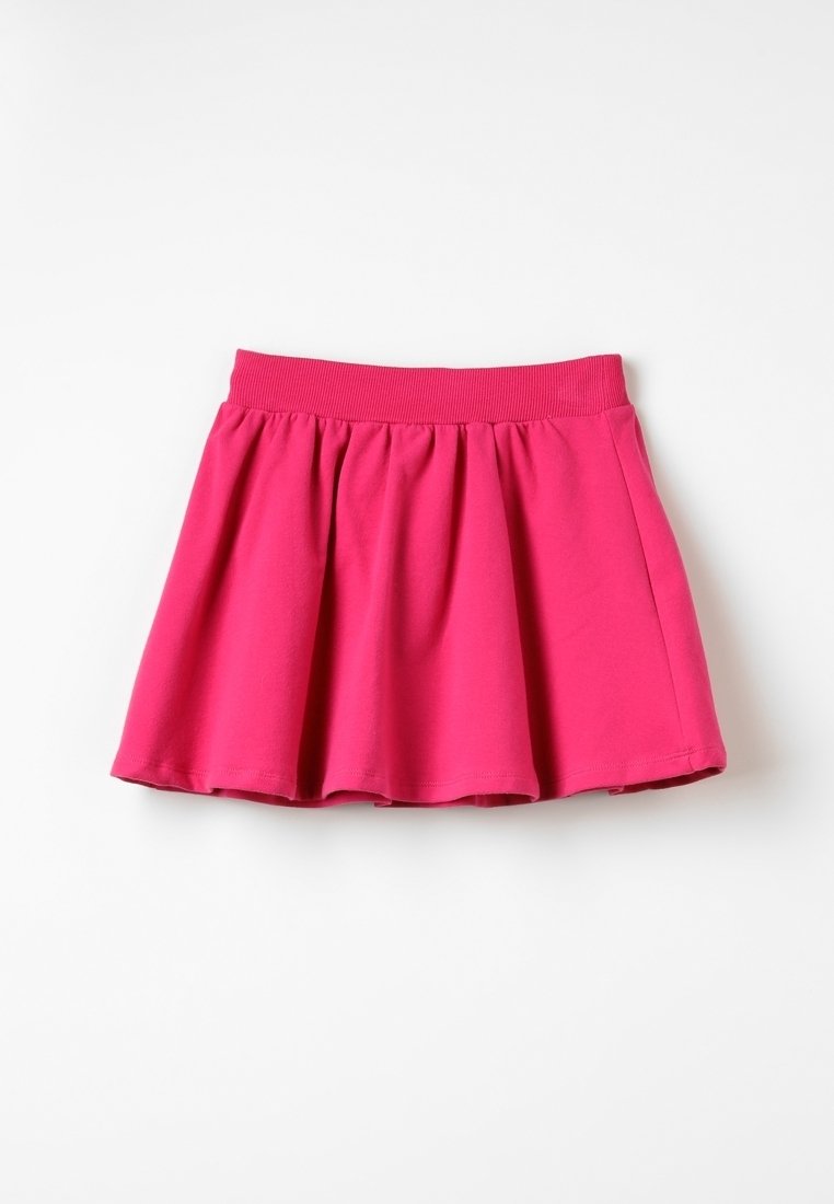Jupe évasée rose vif avec une taille élastique froncée, étalée à plat sur un fond blanc.