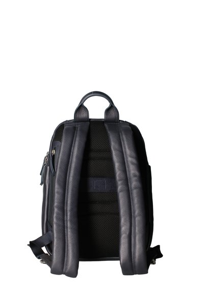 Zaino in pelle navy con schienale in rete imbottito, doppie spalline, maniglia superiore e tasche con zip. Texture liscia e forma strutturata.