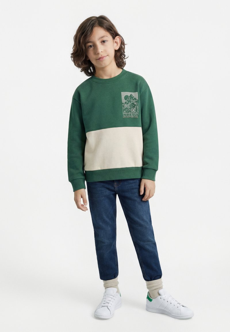 Child with medium-length hair wearing green and beige sweatshirt with mountain design, blue jeans, beige socks, and white sneakers standing on white background.