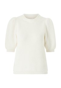Maglione lavorato a maglia di colore bianco sporco, con scollatura rotonda, maniche corte a palloncino e vestibilità comoda. Dettagli con polsini e orlo a costine.