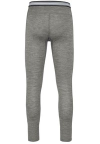 Graue Sportleggings mit slim Fit, aus einem strukturierten Stoff, ohne sichtbare Nähte und einem schwarz-weißen gestreiften Bund.