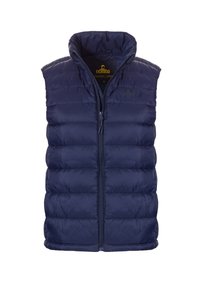 Marineblauwe puffer vest met een hoge kraag, ritssluiting aan de voorkant en horizontale stiksels. Gemaakt van gladde, glanzende stof met een lichtgewicht ontwerp.