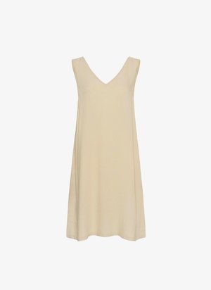 Vestido sin mangas con escote en V en tejido de color beige claro; corte relajado con una silueta acampanada y textura suave, sin adornos.