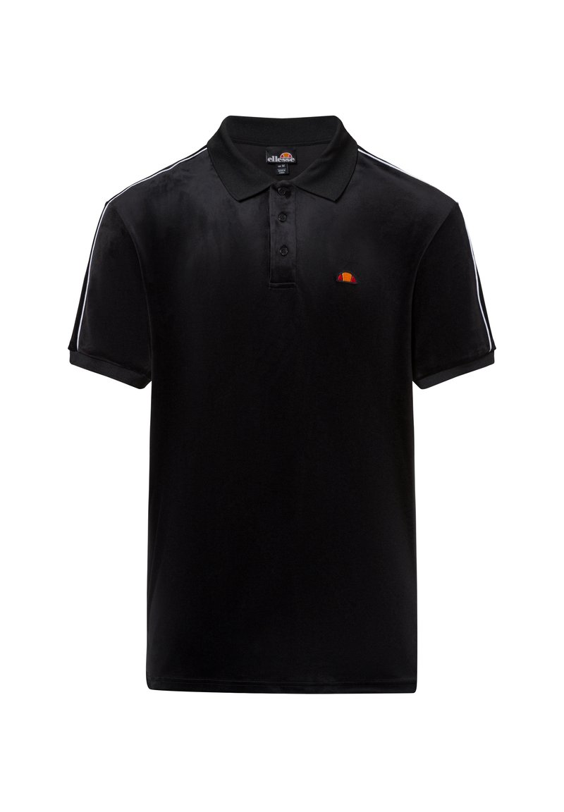Schwarzes Polo-Shirt aus glattem Stoff mit Kragen, drei-Knopf-Leiste und kontrastierenden weißen Seitstreifen. Kleines Logo auf der Brust.