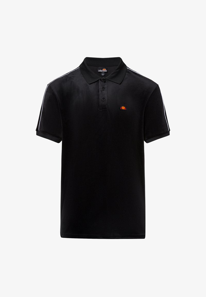 Schwarzes Polo-Shirt aus glattem Stoff mit Kragen, drei-Knopf-Leiste und kontrastierenden weißen Seitstreifen. Kleines Logo auf der Brust.
