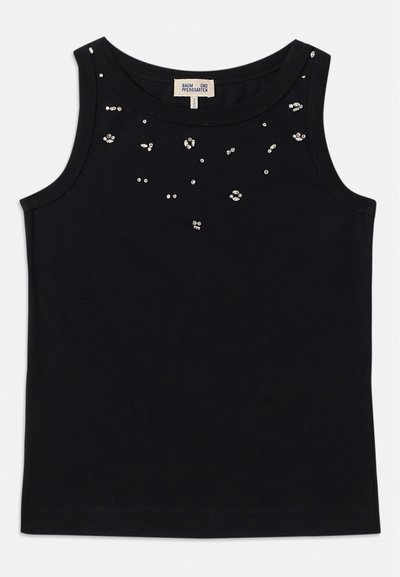 Fekete ujjatlan tanktop kerek nyakkal, az elején szórt ezüst díszítésekkel. Puha anyagból készült.