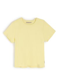 Żółta koszulka z krótkim rękawem wykonana z miękkiej bawełny. Posiada okrągły dekolt i prosty dół. Brak widocznych wzorów lub akcentów.