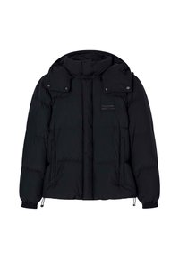 Schwarze Puffjacke mit hohem Kragen, Reißverschluss vorne und abnehmbarer Kapuze mit Druckknöpfen. Mit elastischen Bündchen und seitlichen Taschen. Glatte Textur.