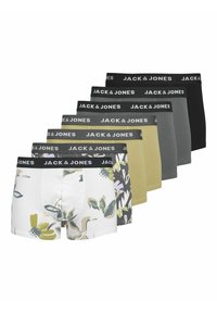 Sieben Paar Herren-Boxershorts; die Farben umfassen Weiß mit floralem Muster, olivgrün, grau, schwarz und dunkelgrau. Elastischer Bund mit Logo.