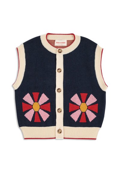 Navy ilmanhihaisessa neuleliivissä on kaksi kukkakuosia punaisena, vaaleanpunaisena ja keltana taskuissa, vaalean kremmimäinen nappikiinnitys ja ribbikuviointi.