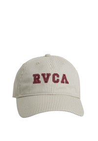 Cappello da baseball a righe beige con visiera curvata e logo "RVCA" ricamato in borgogna sul davanti. Fascia regolabile sul retro.