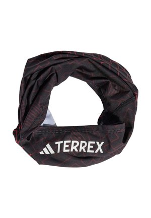 Black and red patterned fabric neck gaiter with white "TERREX" logo and Adidas icon, shown flat with a twisted loop shape.