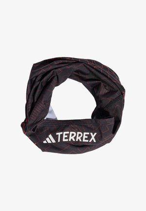 Black and red patterned fabric neck gaiter with white "TERREX" logo and Adidas icon, shown flat with a twisted loop shape.