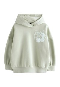 Világoszöld kapucnis pulóver puha szövetből. Elöl cseresznye és íj grafikával díszítve. Mandzsettás ujjú és szegélyű. Kényelmes, hétköznapi kialakítás.