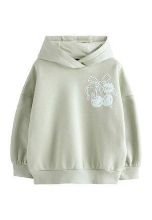 Világoszöld kapucnis pulóver puha szövetből. Elöl cseresznye és íj grafikával díszítve. Mandzsettás ujjú és szegélyű. Kényelmes, hétköznapi kialakítás.