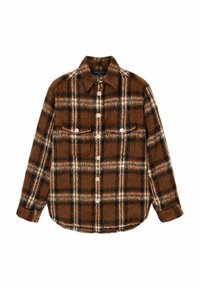 Brun ternet flannel-skjorte med lange ærmer, med to frontlommer og knaplukning; teksturen virker blød og dunet.