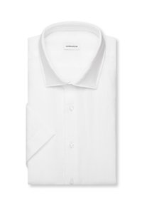 Chemise habillée blanche à manches longues, pliée, avec col pointu et boutons visibles, étiquette "seidensticker" à l'intérieur du col.