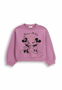 Fioletowa bluza z grafiką Myszki Miki i Myszki Minnie trzymających się za ręce, z czarnymi konturami i złotymi akcentami w kształcie serca.