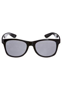 Black sunglasses with rectangular lenses and dark gray tint. Smooth plastic frame with rounded edges and subtle branding on the temples.