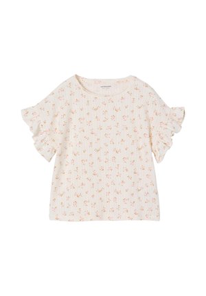 Cream short-sleeve blouse with small pink floral pattern and ruffled sleeves, made of ribbed fabric.