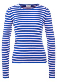 Långärmad tröja med en åtsittande design och växelvis blå och rosa horisontella ränder, rundad halslinning och ribbad struktur.