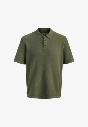 Pánska polokošeľa krátky rukáv v olivovo zelenej farbe s textúrou, golierom a tromi gombíkmi na prednej légach.