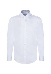 Camicia bianca a maniche lunghe con colletto interno a fantasia in contrasto, chiusura con bottoni, texture liscia e dettagli in bottone argentato.