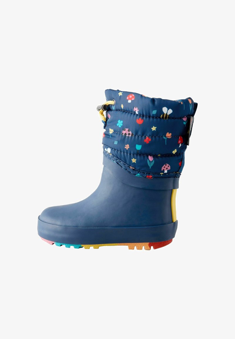 Botte imperméable bleue avec un dessus à motifs floraux, design matelassé et semelle texturée aux couleurs de l'arc-en-ciel. Partie supérieure ajustable avec cordon de serrage.