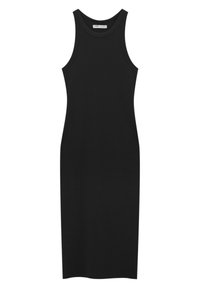 Robe midi noire sans manches en maille côtelée avec col rond et silhouette ajustée.