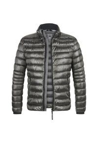 Geplüschte Jacke aus dunkelgrauem Nylon mit Reißverschluss, hohem Kragen und elastischen Bündchen; besitzt eine gesteppte Textur und ein leichtes Design.