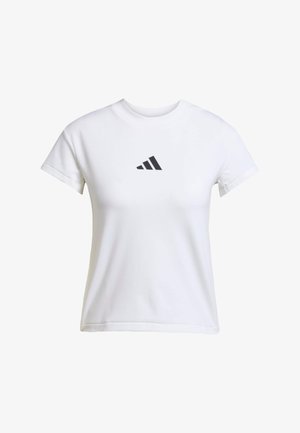 White cotton t-shirt with short sleeves, round neckline, and a black geometric logo on the chest. Smooth texture, casual design.