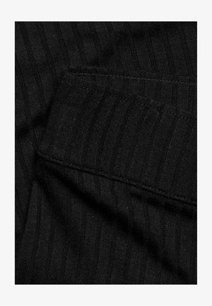 Black ribbed fabric showing fine vertical stripes, with a smooth texture and visible stitching details.