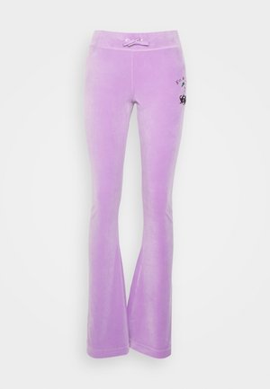 Flared purple sweatpants in soft velvet, featuring a drawstring waist and a decorative graphic on one side.