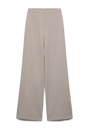 Pantaloni beige a gamba larga con chiusura frontale con bottone e zip, mostrati distesi su sfondo bianco.