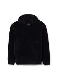 Sudadera negra hecha de un tejido suave y texturizado, con un escote amplio y puños acanalados. Presenta un corte relajado y sin patrones o gráficos visibles.