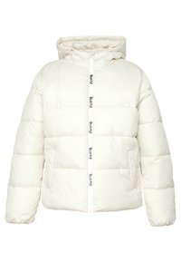 Giacca bianca impermeabile con cappuccio, dotata di zip frontale e tasche laterali. Carrucola con marchio visibile e texture trapuntata.