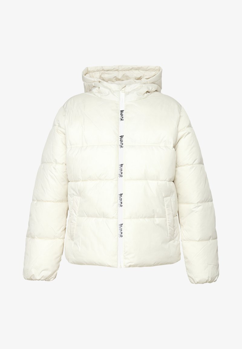 Giacca bianca impermeabile con cappuccio, dotata di zip frontale e tasche laterali. Carrucola con marchio visibile e texture trapuntata.