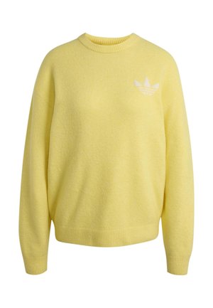Gul langærmet crewneck-trøje med ribkant ved ærmer og kant, med et diskret hvidt Adidas trefoil-logo på venstre bryst.