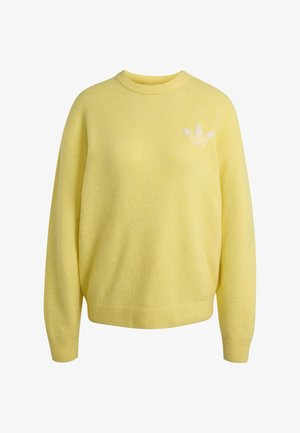 Gelber Langarm-Crewneck-Pullover mit gerippten Bündchen und Saum, mit dezentem weißem Adidas-Trefoil-Logo auf der linken Brust.