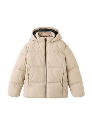 Giacca imbottita beige con cappuccio e zip frontale, con tasche laterali e cuciture orizzontali trapuntate.
