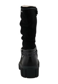 Schwarze kniehohe Stiefel aus strukturiertem Wildleder-Obermaterial, mit solidem Absatz und kontrastierender Naht. Verfügt über einen seitlichen Reißverschluss und ein gepolstertes Innenfutter.