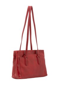 Borsa a tracolla rossa in pelle con due manici lunghi, forma rettangolare, struttura liscia e una tasca frontale con dettagli cuciti.