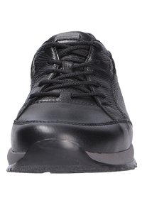 Schwarze Leder-Sneaker mit strukturierter Oberseite, Schnürdesign, abgerundeter Spitze und Gummisohle. Besitzt eine glatte, glänzende Oberflächenbeschichtung.