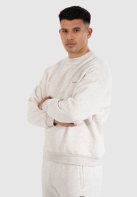 Sudadera gris claro con tejido texturizado, puños acanalados y un logo sutil en el pecho. Corte relajado con cuello redondo.