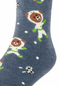 Baumwollsocken in Dunkelblau mit weichem Material, ausgestattet mit einem verspielten Design von braunen Bären in weißen Raumanzügen und grünen Akzenten sowie Fußbällen.